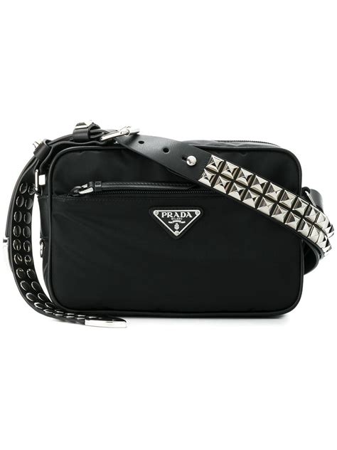 prada black studded strap textile shoulder bag|prada nylon shoulder bag price.